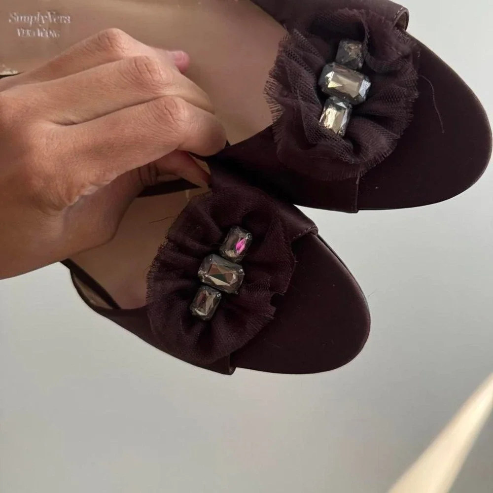 Chocolate Brown Kitten Heel Simply Vera Rhinestone Tulle FAIR AS IS